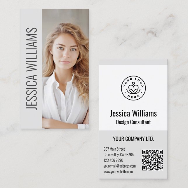 QR Code Business Logo Modern Professional Gray Business Card (Front/Back)
