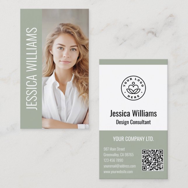 QR Code Business Logo Modern Professional Sage Business Card (Front/Back)