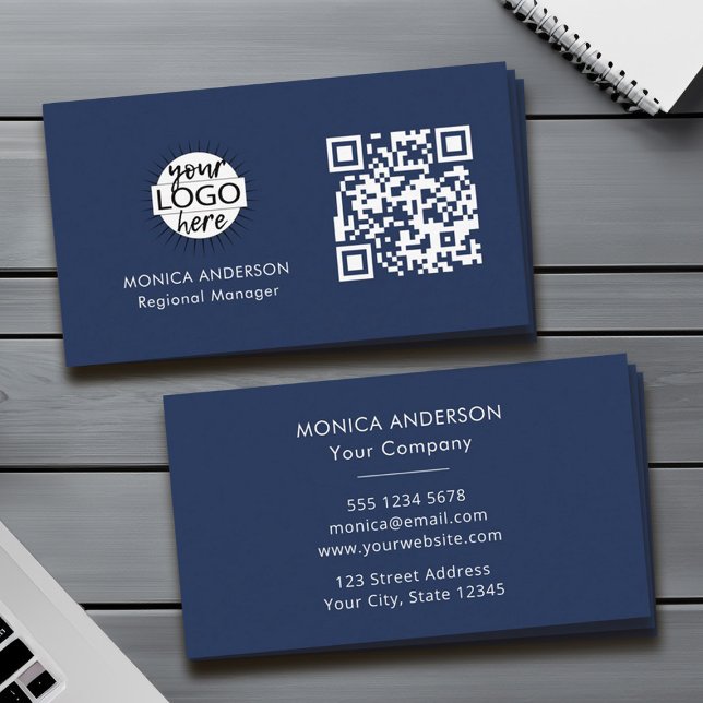 QR Code Business Logo Navy Modern Professional Card (Custom QR Code Logo Modern Navy Blue Business Card)