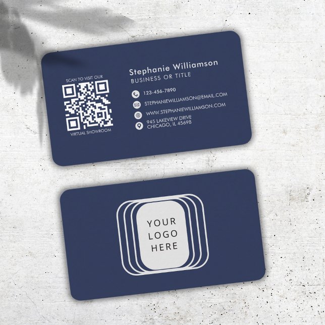 QR Code Business Logo Navy Modern Professional  Card (Creator Uploaded)