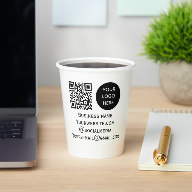 QR Code Business Logo Professional Black Modern Paper Cups (Insitu)