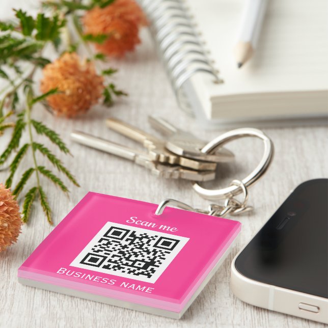 QR Code Business Logo Professional Hot Pink Girly Keychain (Front Right)