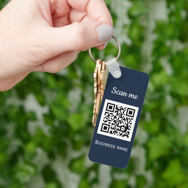 QR Code Business Logo Professional Navy Blue Keychain (Hand)