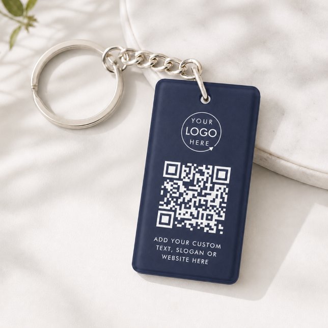 QR Code | Business Logo Professional Navy Blue Keychain (Versatile editable keychain template with interactive QR code & your business logo in navy blue)