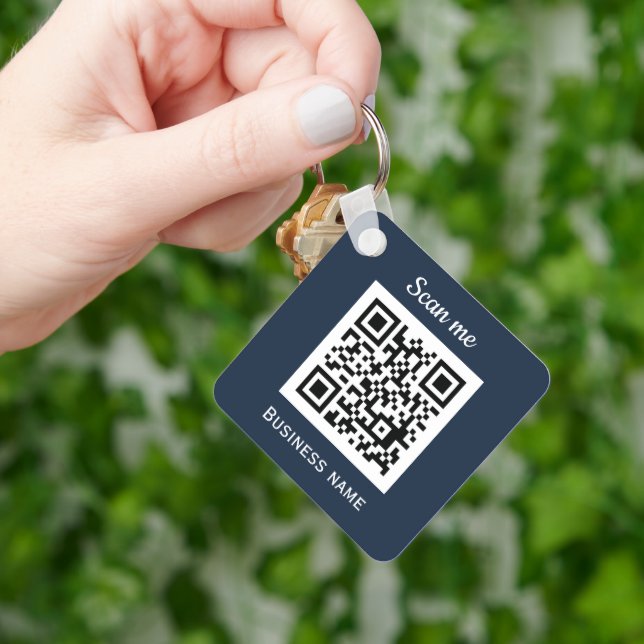 QR Code Business Logo Professional Navy Blue Keychain (Hand)