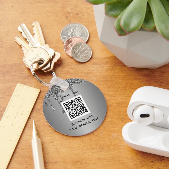 QR Code Business Logo Professional Silver Keychain (Desk)