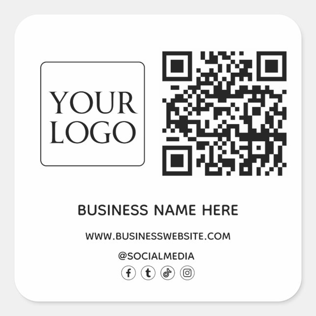 QR Code Business Logo Website Social Media Square Sticker (Front)