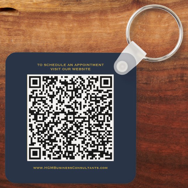 QR Code Business Monogram Logo Navy Burgundy Gold Keychain (Back)