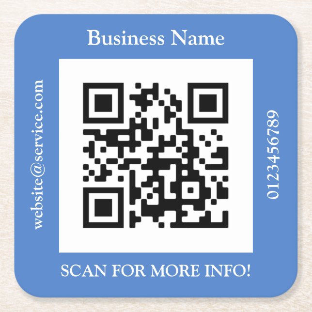 QR Code Business Name, Website Promo, Blue Square Paper Coaster (Front)