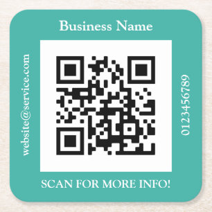 QR Code Business Name, Website Promo, Teal Square Paper Coaster