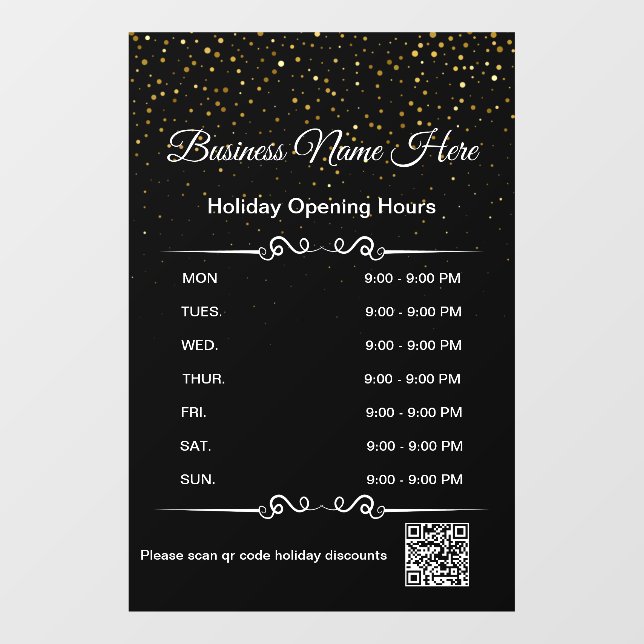qr code business opening hours holiday gold black  window cling (Sheet)
