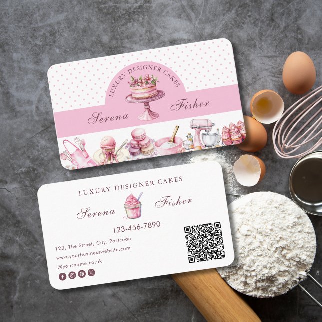 QR Code Cake Baker Polka Dot Chic Pink Business  Card (Creator Uploaded)