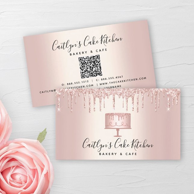 QR Code Cake Bakery Rose Gold Glitter Drips Pastry Business Card (Creator Uploaded)