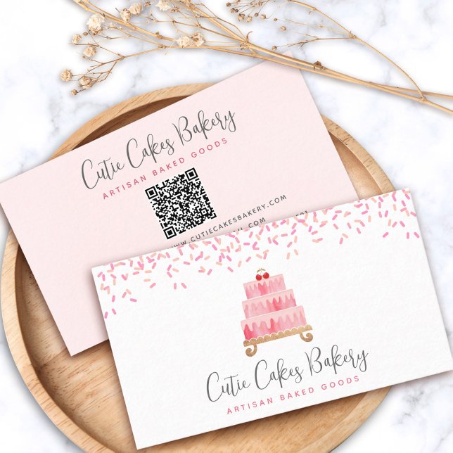 QR Code Cake Blush Pink Sprinkles Pastry Chef Chic Business Card (Creator Uploaded)
