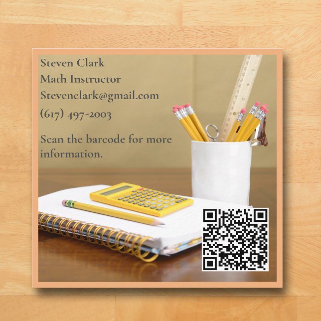 QR Code Calculator Orange Tutor Math Teacher  Square Business Card (Orange Business Card for Math Teacher )
