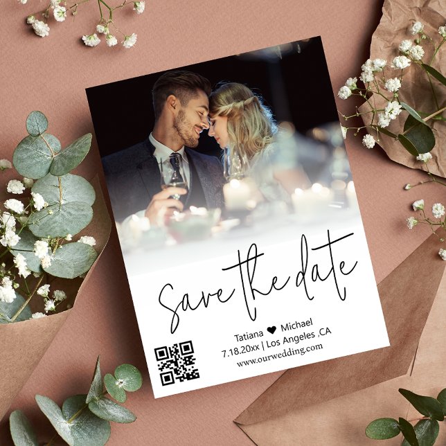 qr code calligraphy couple photo save the date  announcement postcard (Creator Uploaded)