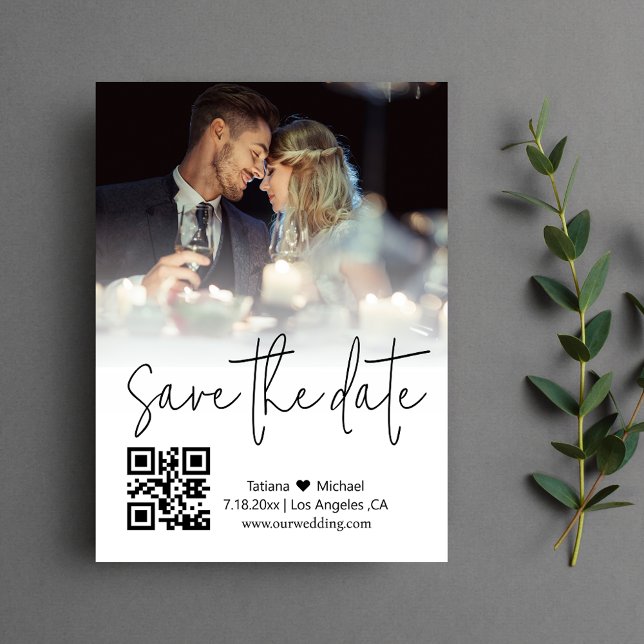 qr code calligraphy couple photo save the date  card (Creator Uploaded)