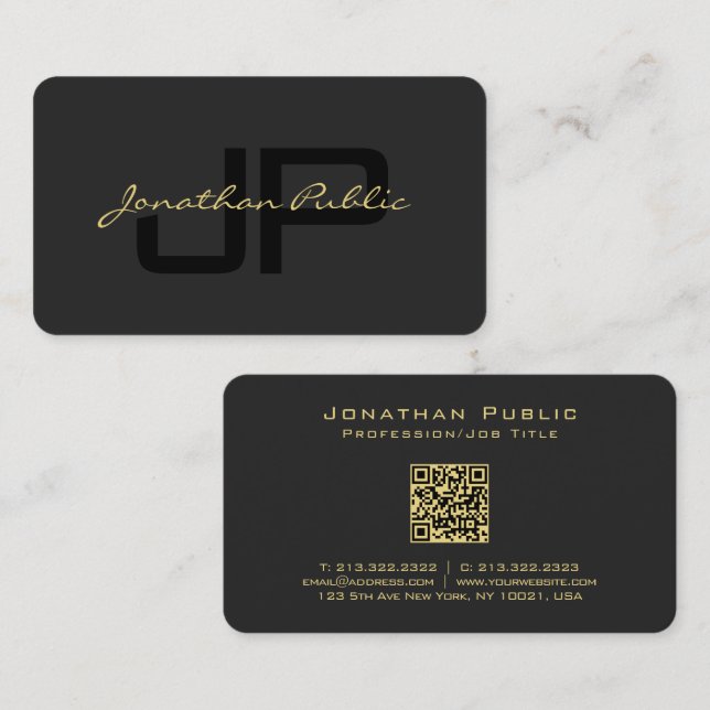 QR Code Calligraphy Gold Text Name Script Luxe Business Card (Front/Back)