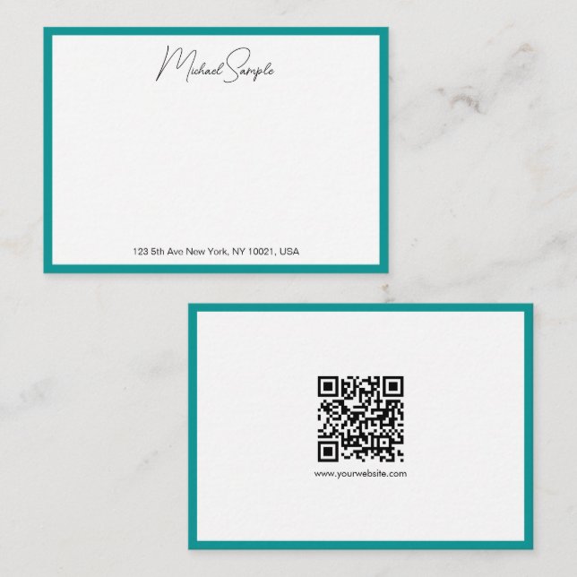 QR Code Calligraphy Script Name White And Teal Card (Front/Back)