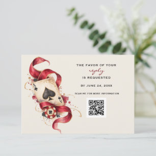 QR Code Casino Burgundy Gold Wedding Reply RSVP Card