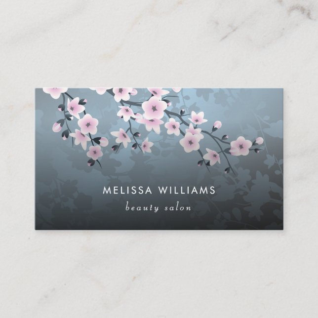 Qr Code | Cherry Blossom Dark Floral  Business Card (Front)
