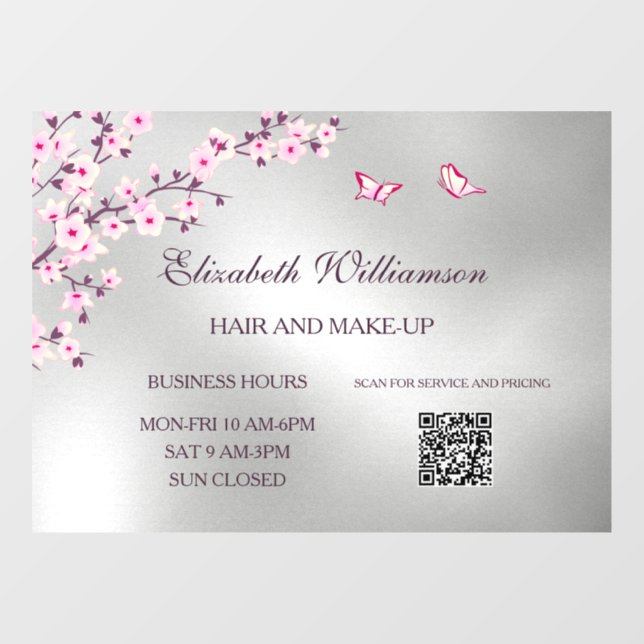 QR Code | Cherry Blossom Pink Silver Salon Window Cling (Sheet)