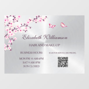 QR Code Cherry Blossom Pink Silver Salon Window Cling