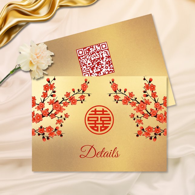 QR Code | Cherry Blossom Red Gold Chinese Wedding Enclosure Card (Creator Uploaded)