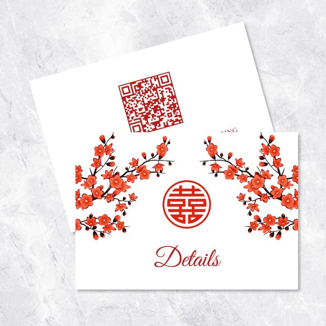 QR Code | Cherry Blossom Red White Chinese Wedding Enclosure Card (Creator Uploaded)
