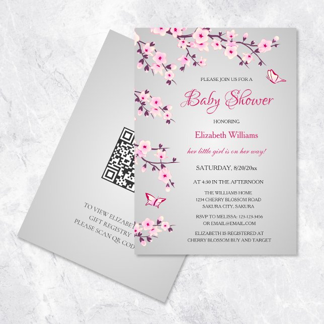 QR Code | Cherry Blossoms Baby Shower Pink Gray Invitation (Creator Uploaded)