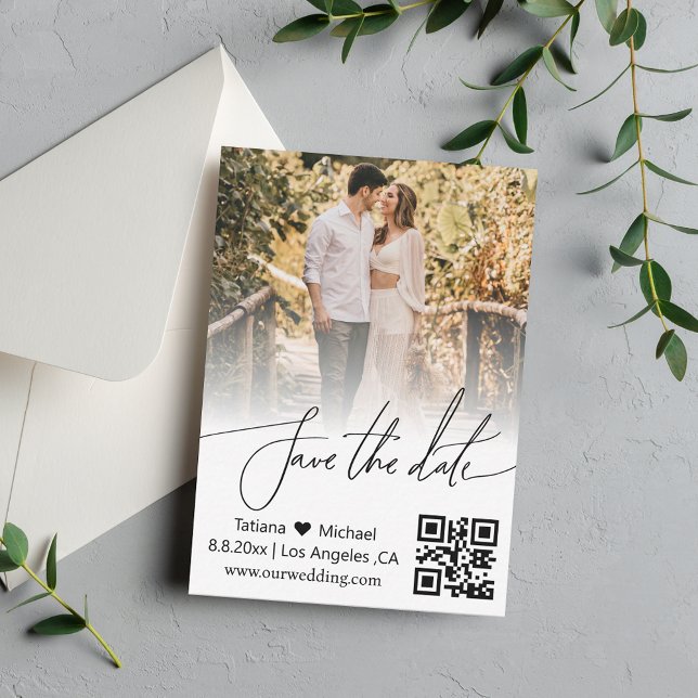 qr code chic script faded photo save the date card (Creator Uploaded)