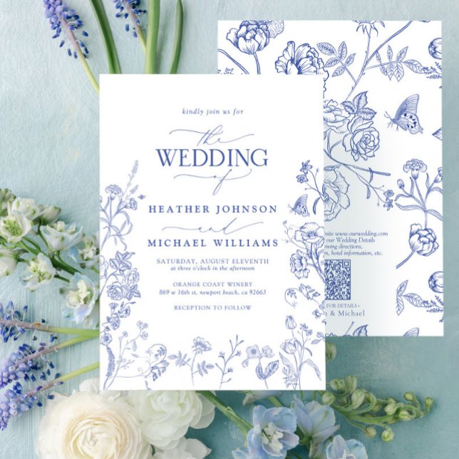 QR Code Chinoiserie French Blue Floral Wedding Invitation (Creator Uploaded)