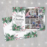 QR Code Christmas Holly Greenery 5 Photo Collage Holiday Card<br><div class="desc">This year celebrate the joyful wonders of modern technology with a fun interactive QR code photo collage holiday card. Share five of your favourite pictures as well as an online video message, song, photo album, or other website. All text on this template is simple to customize to include any wording,...</div>