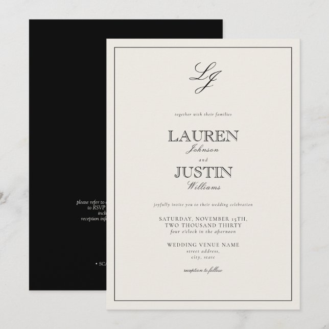 QR Code Classic Black & Ivory Monogram Wedding Invitation (Front/Back)