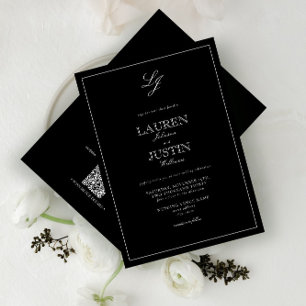QR Code Classic Black & White Monogram Wedding Invitation