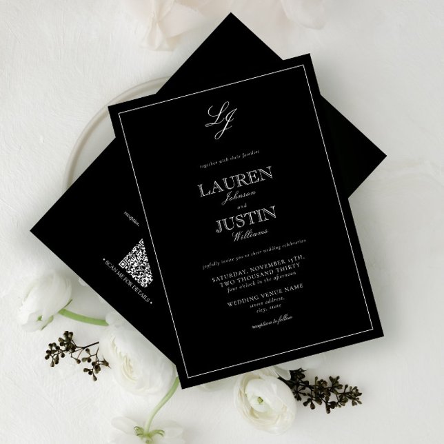 QR Code Classic Black & White Monogram Wedding Invitation (Creator Uploaded)