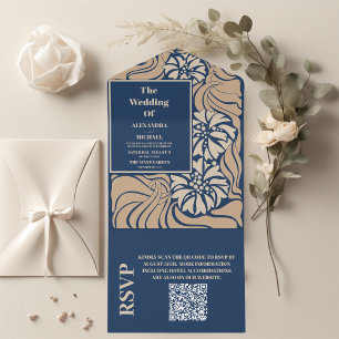 QR Code Classic Blue Art Nouveau Wedding All In One Invitation