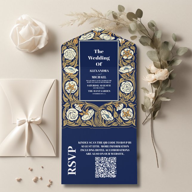 QR Code Classic Blue Art Nouveau Wedding All In One Invitation (Creator Uploaded)