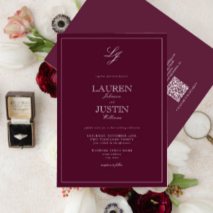 QR Code Classic Burgundy Script Monogram Wedding  Invitation