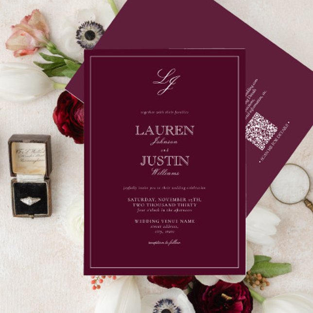 QR Code Classic Burgundy Script Monogram Wedding  Invitation (Creator Uploaded)