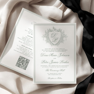 QR code classic crest monogram sage green wedding Invitation