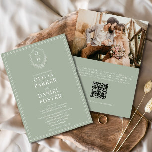 QR Code Classic Crest Sage Green Photo Wedding Invitation