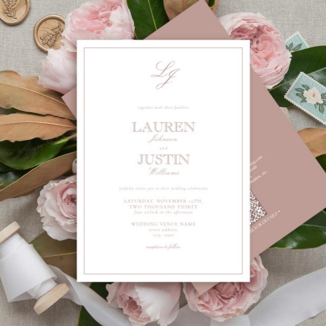 QR Code Classic Dusty Rose Script Monogram Wedding Invitation (Creator Uploaded)
