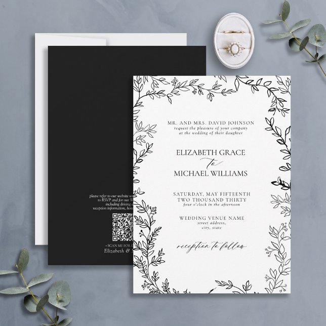 QR Code Classic Formal Black White Leafy Wedding Invitation (Creator Uploaded)
