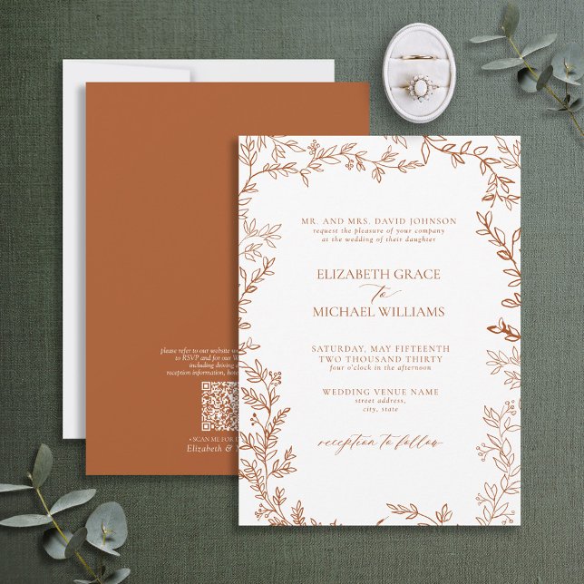 QR Code Classic Formal Burnt Orange Wedding Invitation (Creator Uploaded)