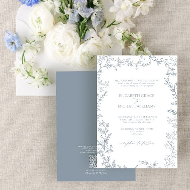 QR Code Classic Formal Dusty Blue Leafy Wedding Invitation (Creator Uploaded)