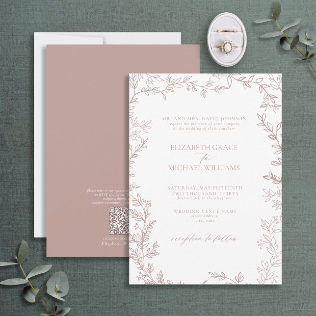 QR Code Classic Formal Elegant Dusty Rose Wedding Invitation (Creator Uploaded)