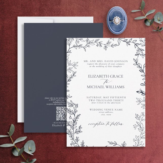 QR Code Classic Formal Elegant Navy Blue Wedding Invitation (Creator Uploaded)