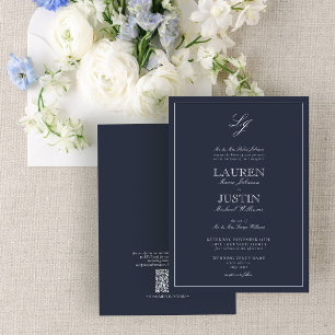 QR Code Classic Navy Blue Script Monogram Wedding  Invitation