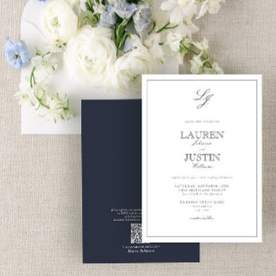 QR Code Classic Navy Blue Script Monogram Wedding  Invitation